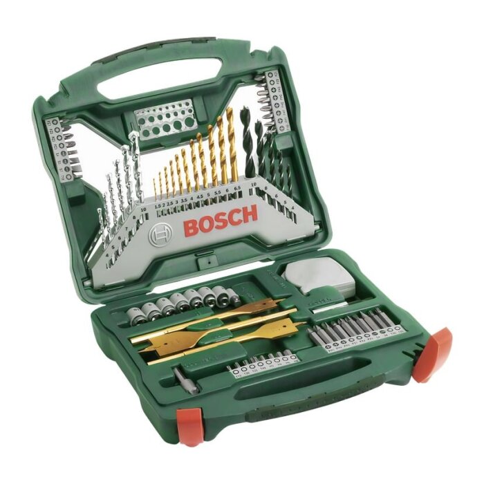 Bosch borr- och bitssats i grön plastlåda med diverse borrar och bits organiserade i fack.