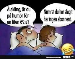 Tecknad bild av ett par i sängen, där mannen frågar om de ska ha sex och kvinnan svarar humoristiskt att numret han slagit har ingen abonnent.