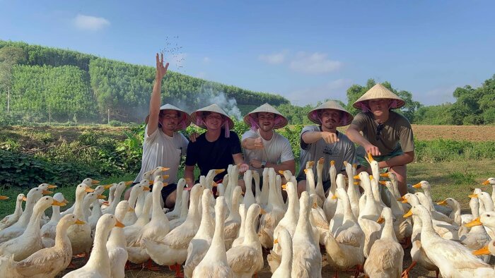 Män med vietnamesiska hattar matar en flock ankor i ett grönskande naturreservat.