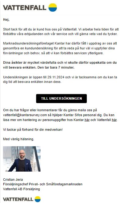 Vattenfall kundundersökning mejl med logotyp, text om undersökning, kontaktinformation och bild på Cristian Jeria.