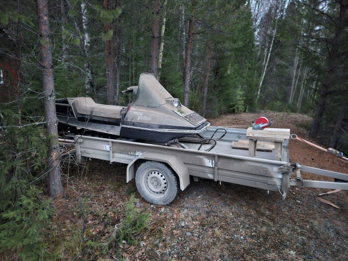 Snöskoter lastad på släpvagn i skogsmiljö med tallar och barrträd omkring. På släpvagnen finns även en liten träbänk med verktyg.