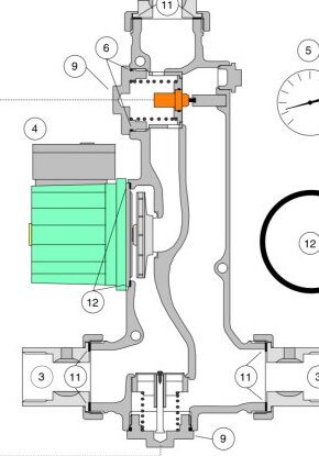 Diagram över en termostat installerad bakom en mutter, illustrerad i en teknisk ritning.