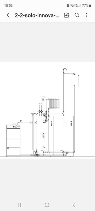 Diagram över uppkoppling av expansionskärl och shuntautomatisk radiator i värmesystem.