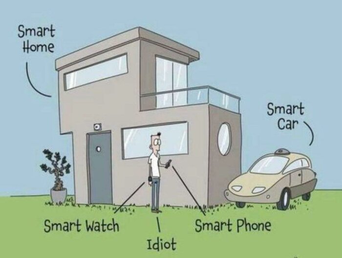 Tecknad bild av en man utanför ett modernt hus med etiketter: "Smart Home", "Smart Watch", "Smart Phone", "Smart Car", och "Idiot".