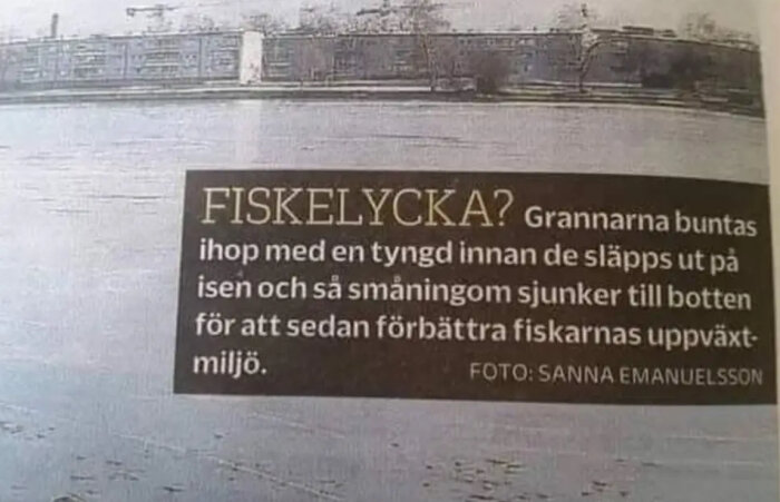 Bild av en tidningsartikel som skämtar om relationer med grannar och fiske, med bakgrund av ett fruset kustlandskap.