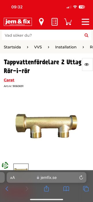 Bild på tappvattenfördelare med två uttag, märkt "Carat", art.nr 9060691, visas på jem & fix webbplats för VVS-installationer.