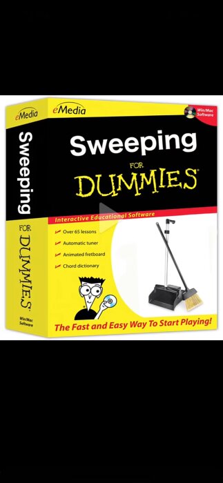 Databox med texten "Sweeping for Dummies", en pedagogisk mjukvara med över 65 lektioner, automatisk stämapparat, animerad greppbräda och ackordordbok.