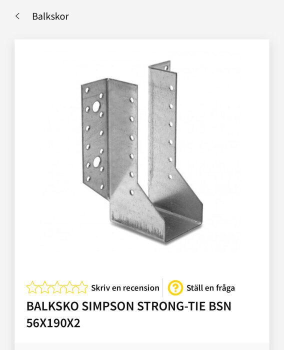 Balksko av stål, Simpson Strong-Tie BSN 56X190X2, för användning i byggprojekt, visas mot en vit bakgrund.