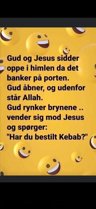 Gul bakgrund med leende emojis och dansk text om Gud, Jesus och Allah i himlen.