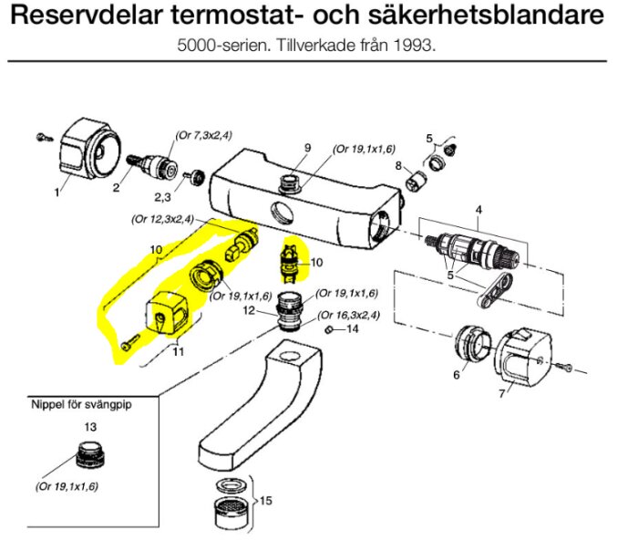 Exploderad ritning av reservdelar för termostat- och säkerhetsblandare FMM 5000, med omkastarkolv och andra komponenter markerade.