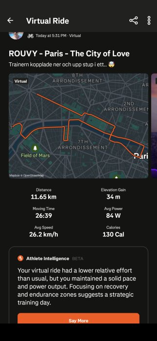 Virtuell cykeltur i Paris på 11,65 km, snitthastighet 26,2 km/h, brände 130 kalorier. Kartan visar rutten i centrala Paris.