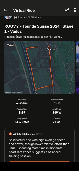 Karta över en virtuell cykelrutt i Vaduz, 4,35 km, med en höjdökning på 35 m. Genomsnittshastighet 31,4 km/h, förbrända kalorier: 71.