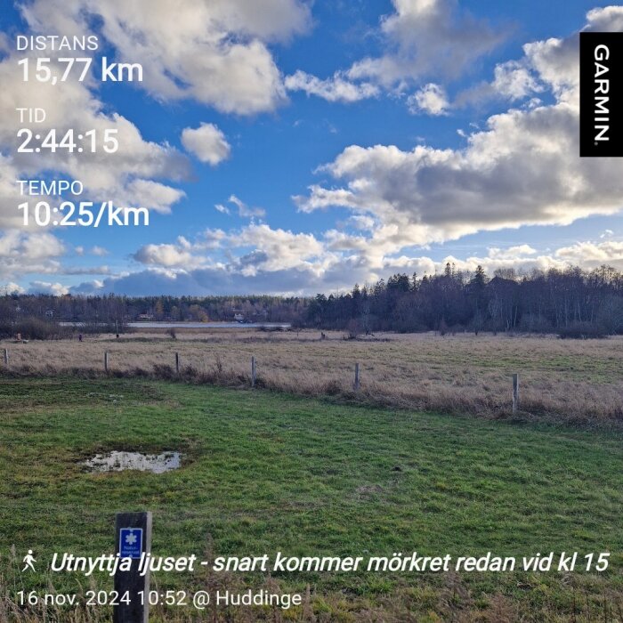 Landskapsbild med öppet fält, skog i bakgrunden och blå molnig himmel. Text visar distans, tid och tempo från en aktivitet i Huddinge.