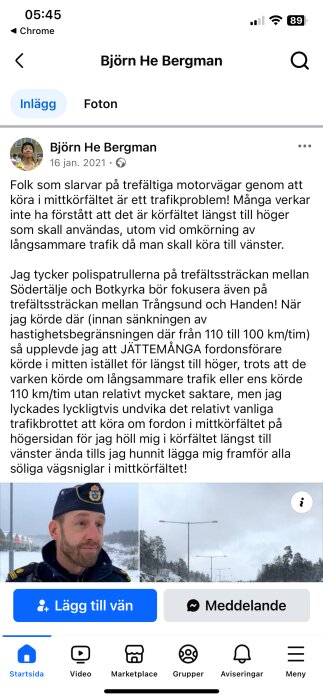 Bild av en uniformerad polisman i vintermiljö samt en snöig motorväg med gatlyktor och skog i bakgrunden.