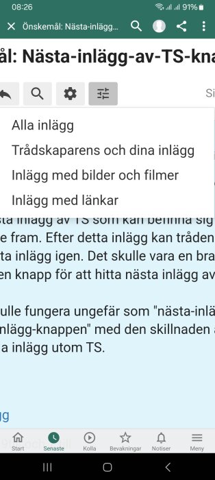 Meny för att filtrera inlägg i ett diskussionsforum, alternativ inkluderar: alla inlägg, trådskaparens och dina inlägg, inlägg med bilder/filmer, inlägg med länkar.