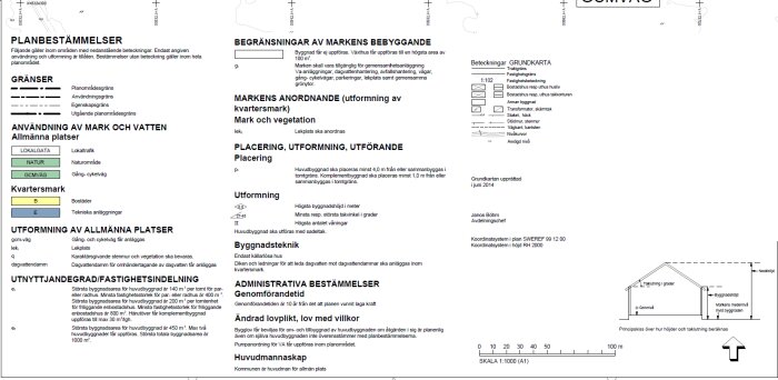 Detaljplan för byggområde visar planbestämmelser, användning av mark och byggnadstekniska specifikationer inklusive skiss över byggnadshöjd.