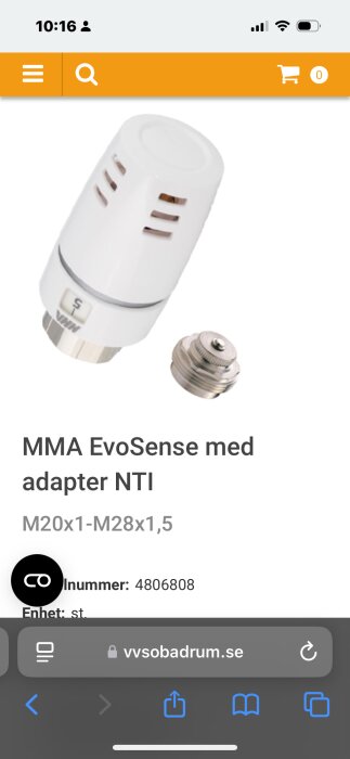 Bild av MMA EvoSense termostat med adapter NTI, storlek M20x1-M28x1,5. Produkten visas på en hemskärm från vvsoabadrum.se.