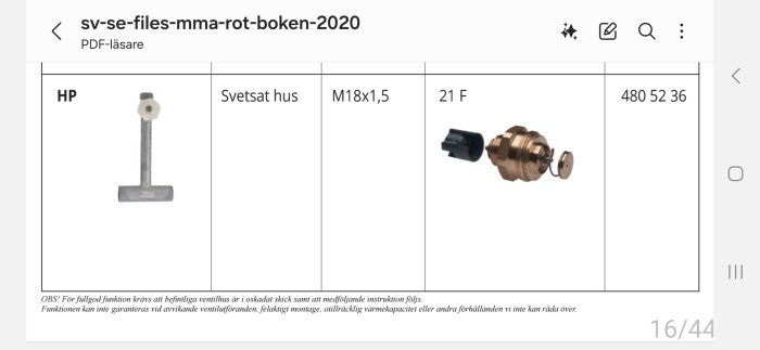 Bild av ventilationsdelar, inklusive en HP-svetsad husdel och en insatsadapter för termostat, med specifikationerna M18x1,5 och 21 F.