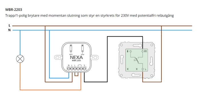 Elschema för Nexa WBR-2203 trådlös brytare, visar anslutning med svart, brun och blå kabel samt symboler för lampa och strömbrytare.