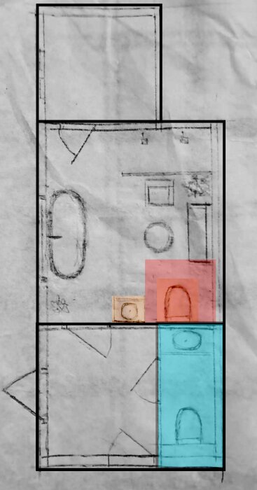 Skiss över entréplan med markerad planlösning; blått område visar föreslaget toalettrum, rött område visar plats för dolt avlopp för framtida toalett.