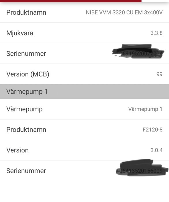 Information om värmepumpen NIBE VVM S320, med serierummer och version, visas på en skärm.