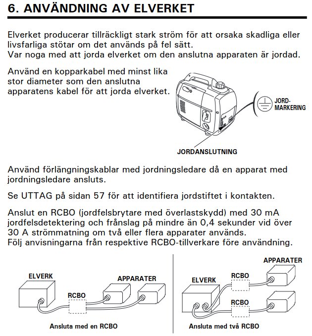 Illustration av Honda EU 22i elverk med jordanslutning, markering för jord och inkoppling med RCBO visas, samt instruktioner för korrekt jordning av elverk.