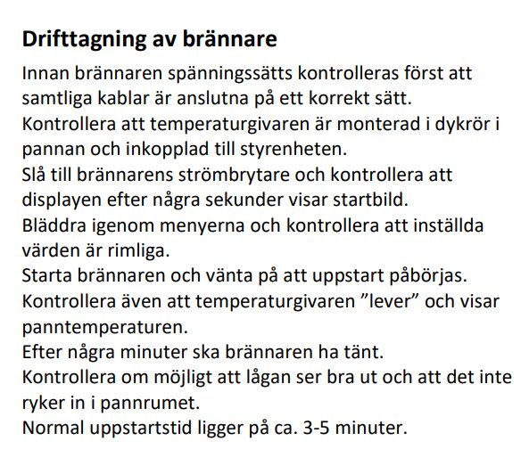 Instruktioner för drifttagning av brännare inklusive kontroll av kablar, temperaturgivare och uppstart, med normal uppstartstid angiven till 3-5 minuter.