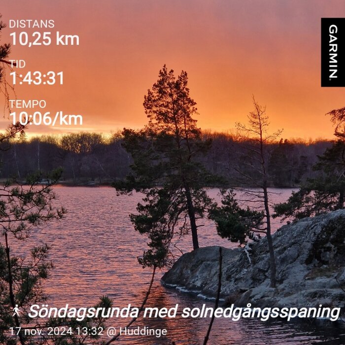 Solnedgång över en sjö med träd vid strandkanten i Huddinge. Garmin-data visar distans 10,25 km, tid 1:43:31, tempo 10:06/km.