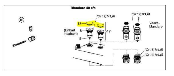 Diagram över delarna till en blandare 40 c/c, med fokus på position 18 markerad, visas med dimensionerna för olika O-ringar.