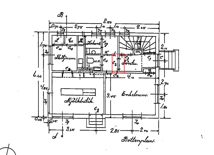 Gammal husritning från 1932 med rödmarkerat område på bottenplan, visar del av tak/avdelare kring hall och farstu. Utgångspunkt för byggfråga.