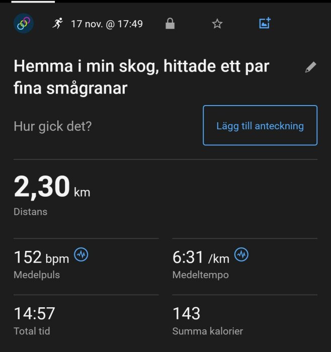 Skärmbild av träningsdata: 2,30 km distans, 152 bpm medelpuls, 6:31 min/km medeltempo, 14:57 total tid, 143 kalorier, från aktivitet i skogen.