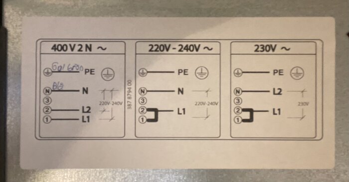 Bild av ett kopplingsschema för en spis med olika spänningar: 400V, 220-240V och 230V, inklusive handskrivna markeringar för anslutningar.