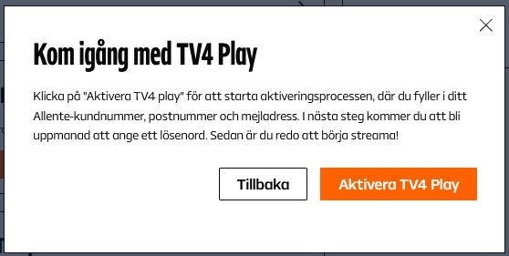 Popup-fönster på Allente sida för att aktivera TV4 Play med instruktioner om att fylla i kundnummer, postnummer, mejladress och skapa lösenord.