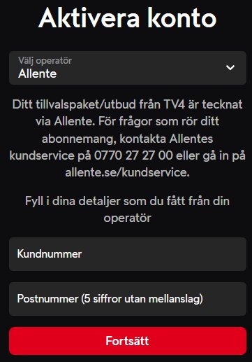 Aktiveringsformulär för TV4 via Allente med fält för kundnummer och postnummer samt en Fortsätt-knapp.