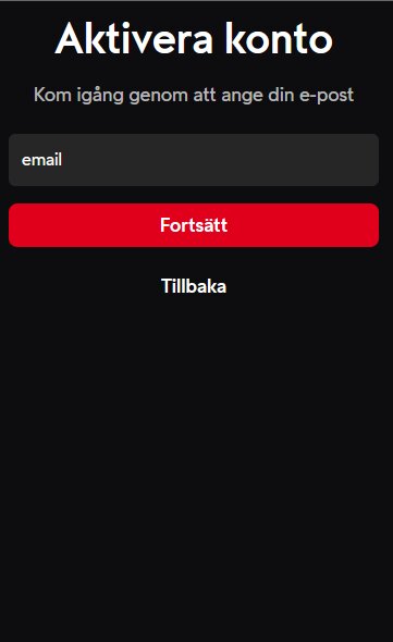 Aktivera konto-sida med inmatningsfält för e-post och en röd "Fortsätt"-knapp samt en "Tillbaka"-länk.