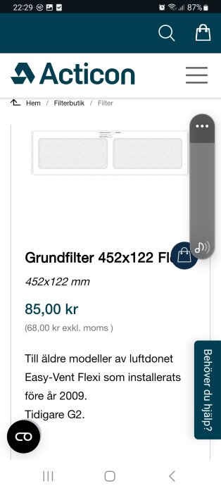 Grundfilter 452x122 mm för äldre Easy-Vent Flexi luftdon före 2009, pris 85 kr.