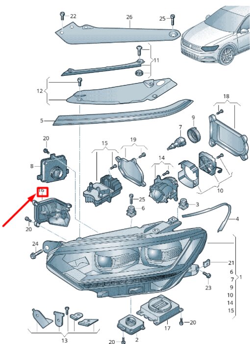 Exploderad vy av bilens strålkastarreservdelar, eventuellt för en Volkswagen Passat eller ID.4, med fokus på olika komponenter och fästen.