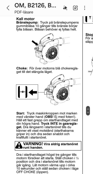 Bild av instruktion för kallstart av en motor med detaljerad text om bränslepump, chokerläge, och steg för korrekt startprocedur.