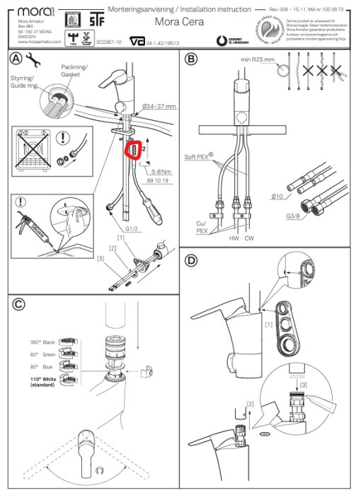 Installationsinstruktion för Mora Cera blandare, visar montering med klämringskopplingar och detaljer för att fästa blandaren från undersidan.