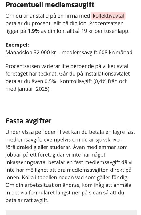 Text på Sefs hemsida om procentuell medlemsavgift och fasta avgifter, inklusive exempel med månadslön och kontrollavgift för installationsavtalet.