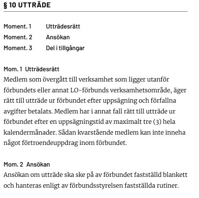 Text från stadgar om utträderätt och ansökan för förbundsmedlemmar, inklusive information om uppsägningstid och betalda avgifter.