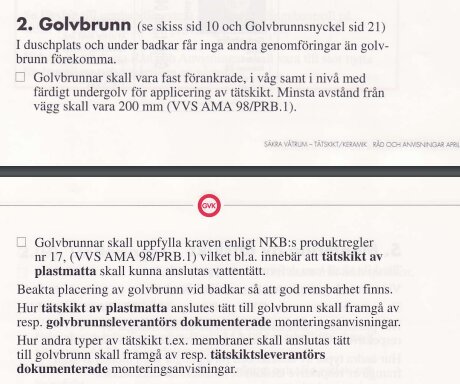 Text om golvbrunnar och installationskrav från GVK:s dokumentation om våtrumssäkerhet.