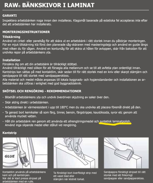 Instruktioner för montering och skötsel av bänkskivor i laminat, inklusive användning av syntetisk laminatpolish. Bilder visar limning och sandpappring av kanter.