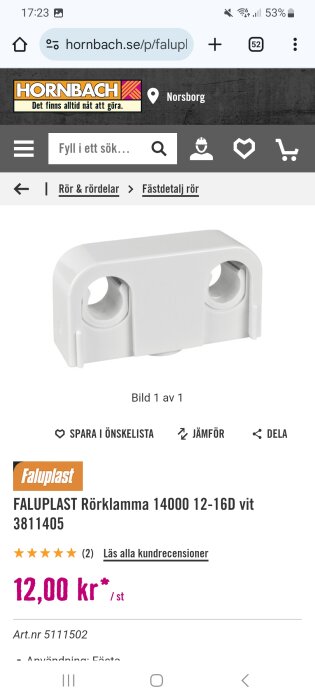 Vit Faluplast rörklamma 14000 12-16D, artikelnummer 3811405, till salu hos Hornbach för 12 kr/styck.