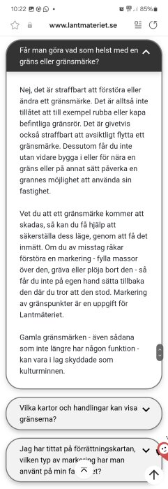 Bild av en webbsida från Lantmäteriet som förklarar att det är olagligt att förändra eller förstöra markeringar på gränser, och hur man hanterar sådana situationer.