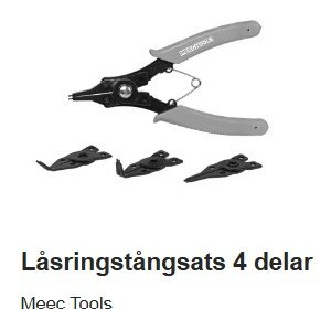 Låsringtångssats med fyra delar från Meec Tools, inklusive en tång och tre utbytbara spetsar.