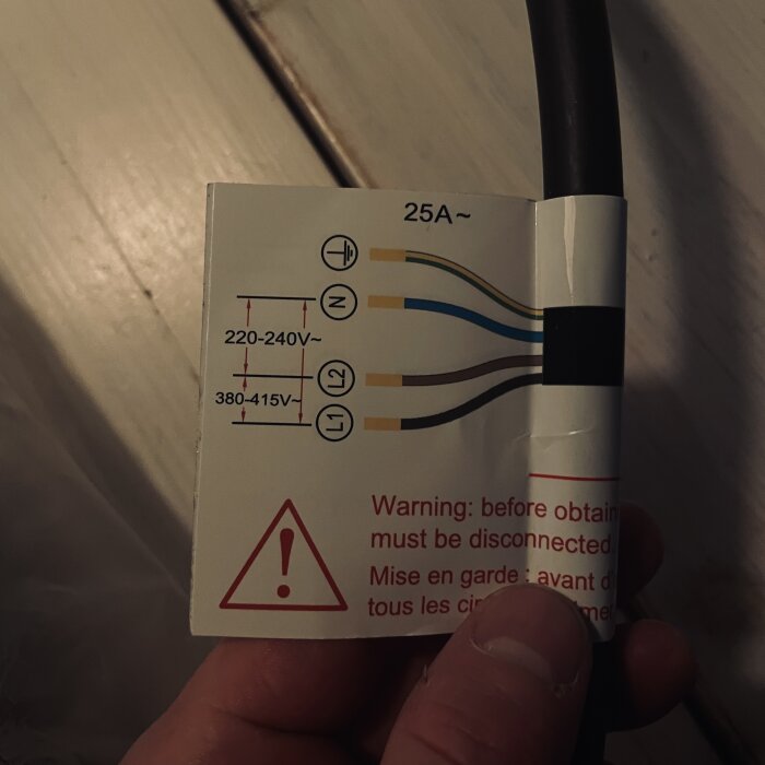 Kopplingsschema för 25A kontakt med markeringar för jord, neutral, och två faser. Varningsetikett på engelska och franska syns.