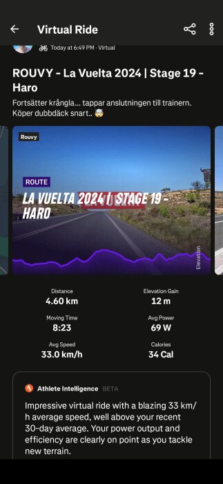 Virtuell cykelrunda: ROUVY La Vuelta 2024, etapp 19 Haro. Distans 4,60 km, höjdökning 12 m, snittfart 33 km/h. Total tid 8:23, kalorier 34.