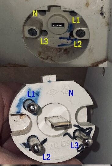 Elektrisk kontakt med korrekt fasordning visad, blå färg indikerar att neutralledaren inte är markerad på rätt plats enligt standard.