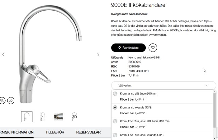 FM Mattsson 9000E II köksblandare i krom med rundad design och teknisk information inklusive artikelnummer och flöde per minut.